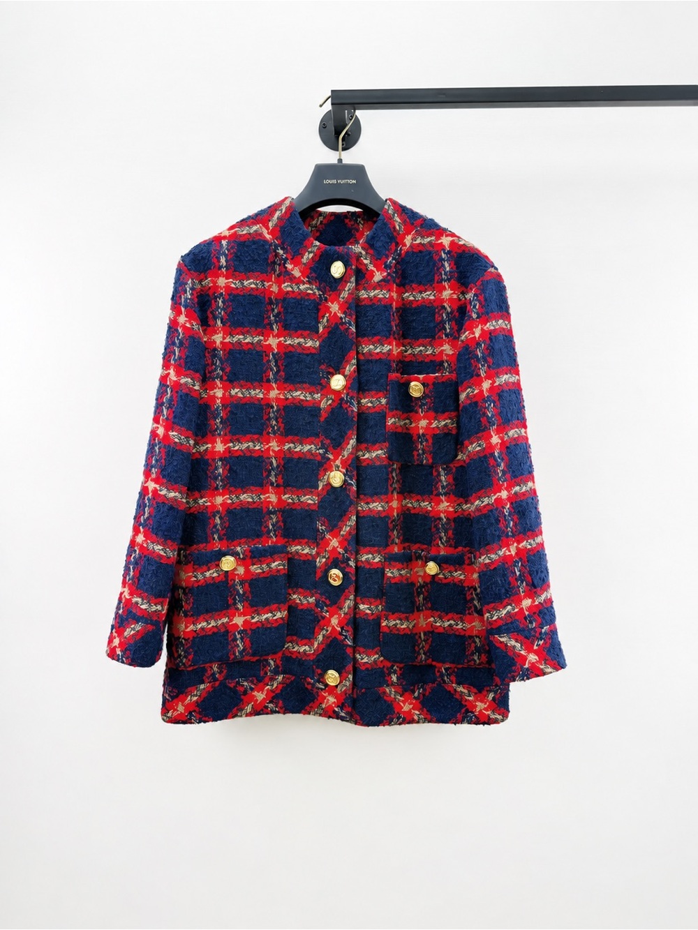 Gucci Red & Navy Plaid Tweed Blazer with Gold Buttons